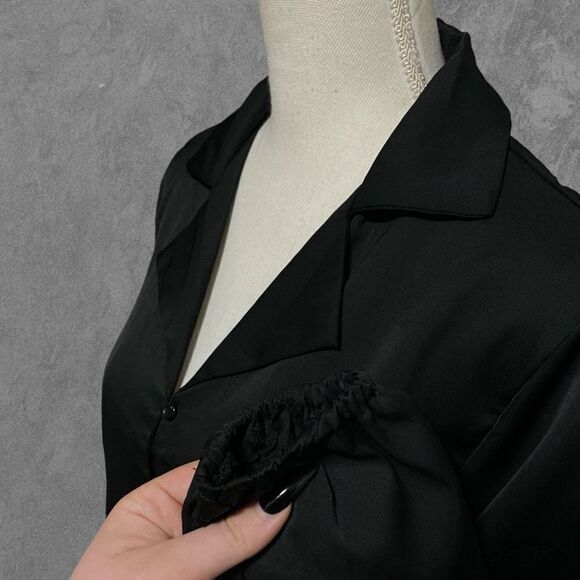 SHEIN | Black Button Down Collared Long Sleeve Blouse Elastic Sleeve Cuffs M - Picture 3 of 8